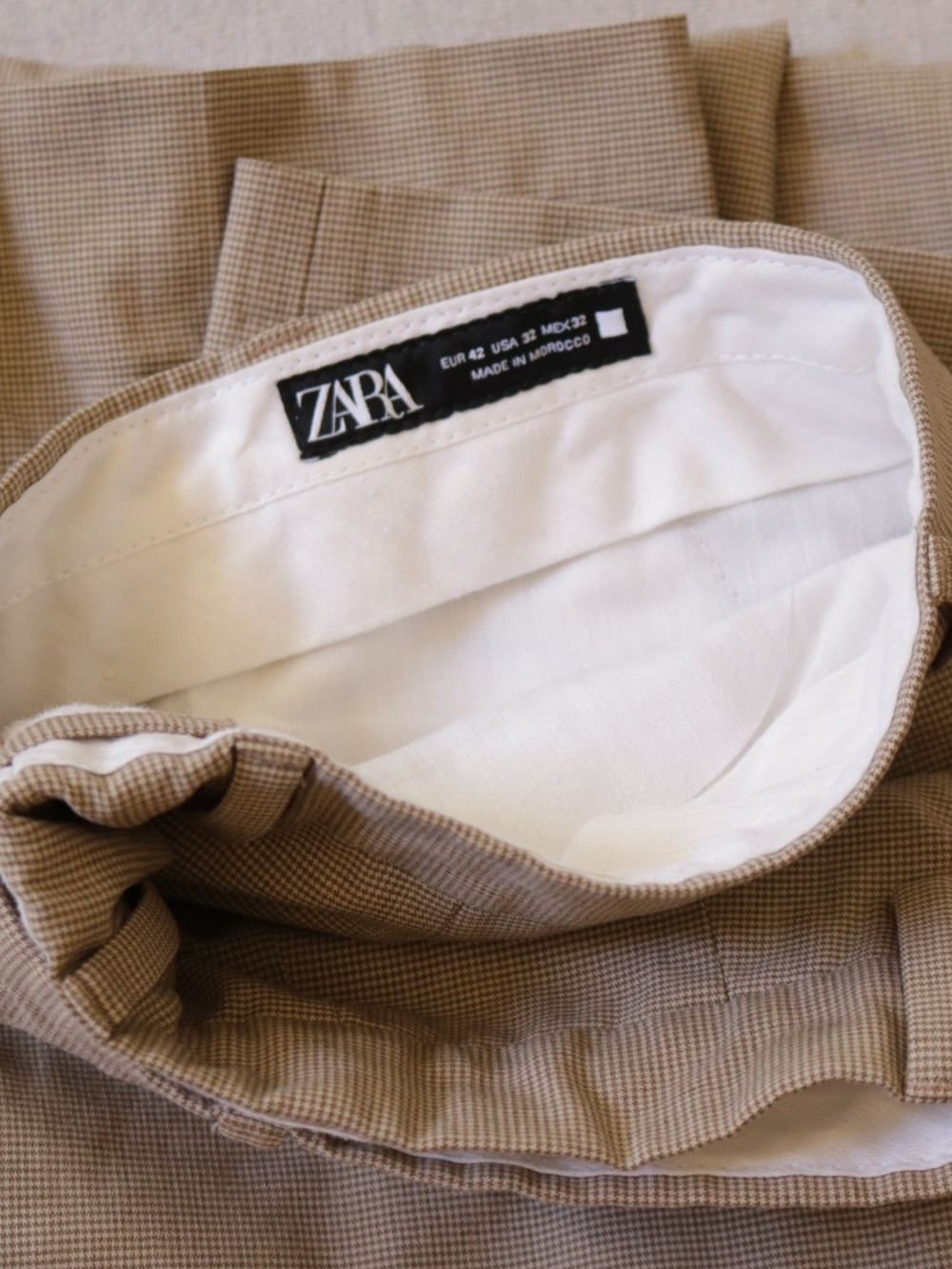 Zara Men's Dress Pants Size 32 Tan Houndstooth Check Wool Blend Trousers EUC